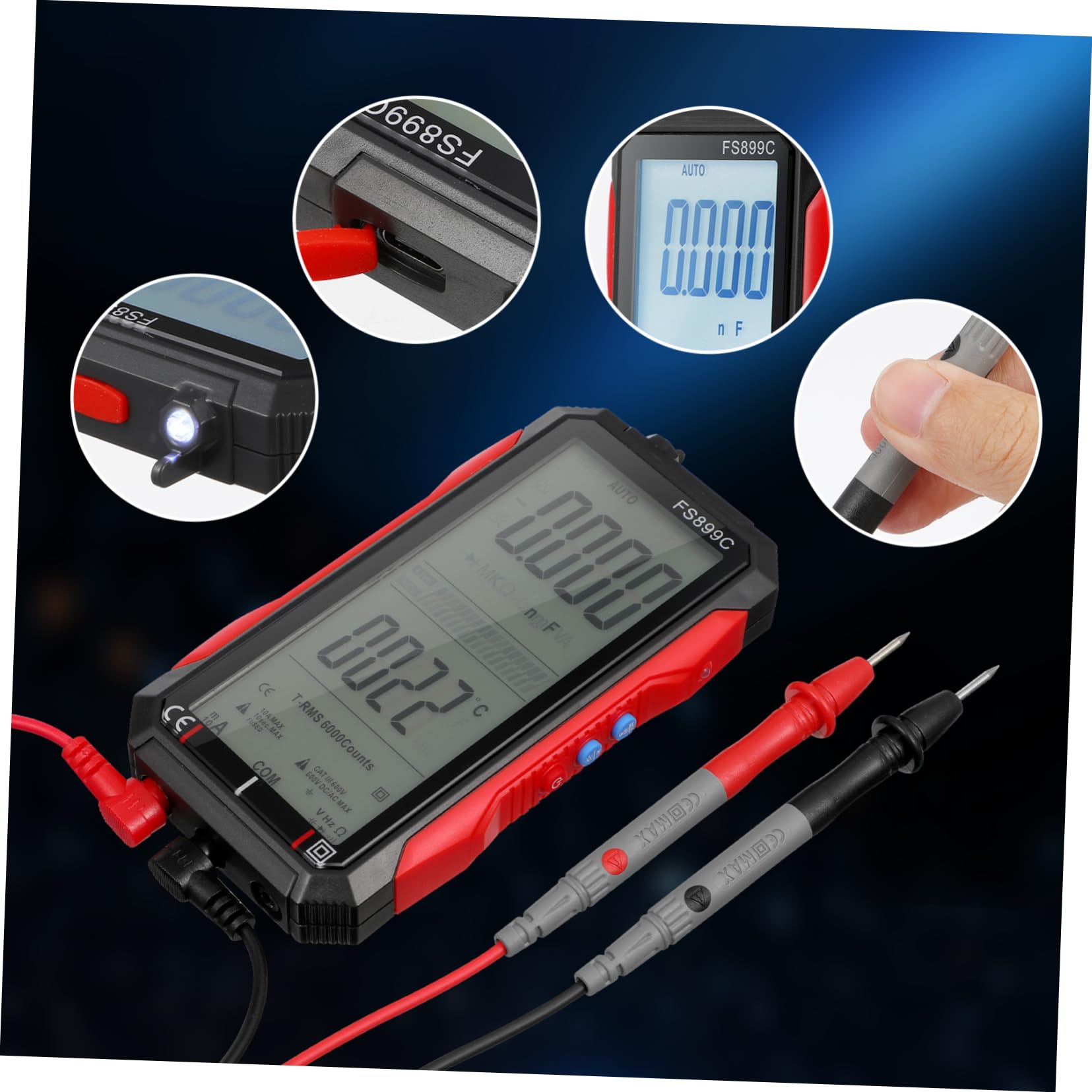 Uonlytech Multímetro Digital Inteligente de Alta Precisión, Medición Automática, Pantalla Grande y Carga Usb, Comprobador Electrónico Portátil para Uso Doméstico