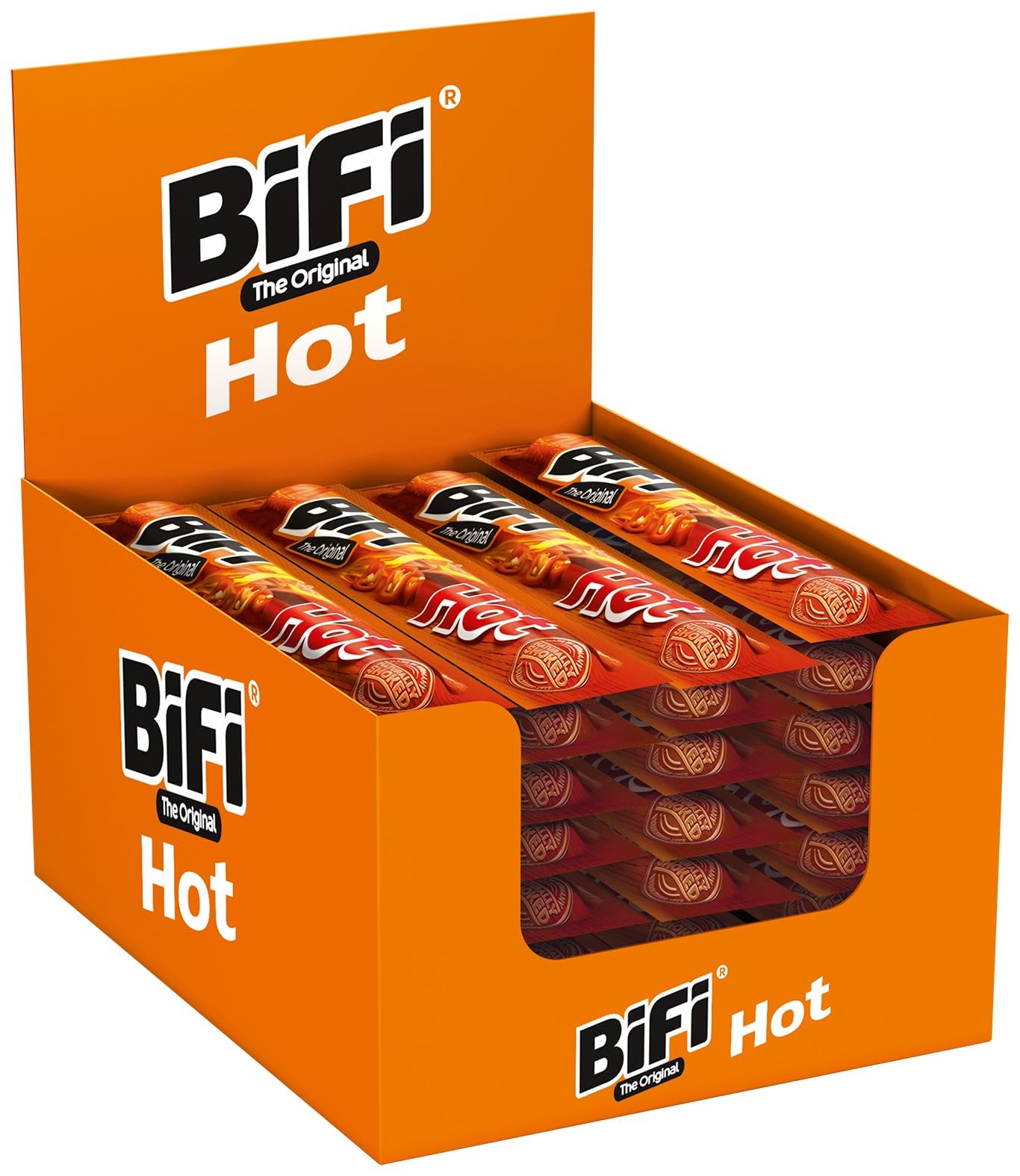 BiFi Original Tiras de salami picante, paquete de 40, 40 x 20 g, salchichón desecado para comer sobre la marcha, al aire libre, pimienta, cilantro y ajo, caja óptima para aperitivos