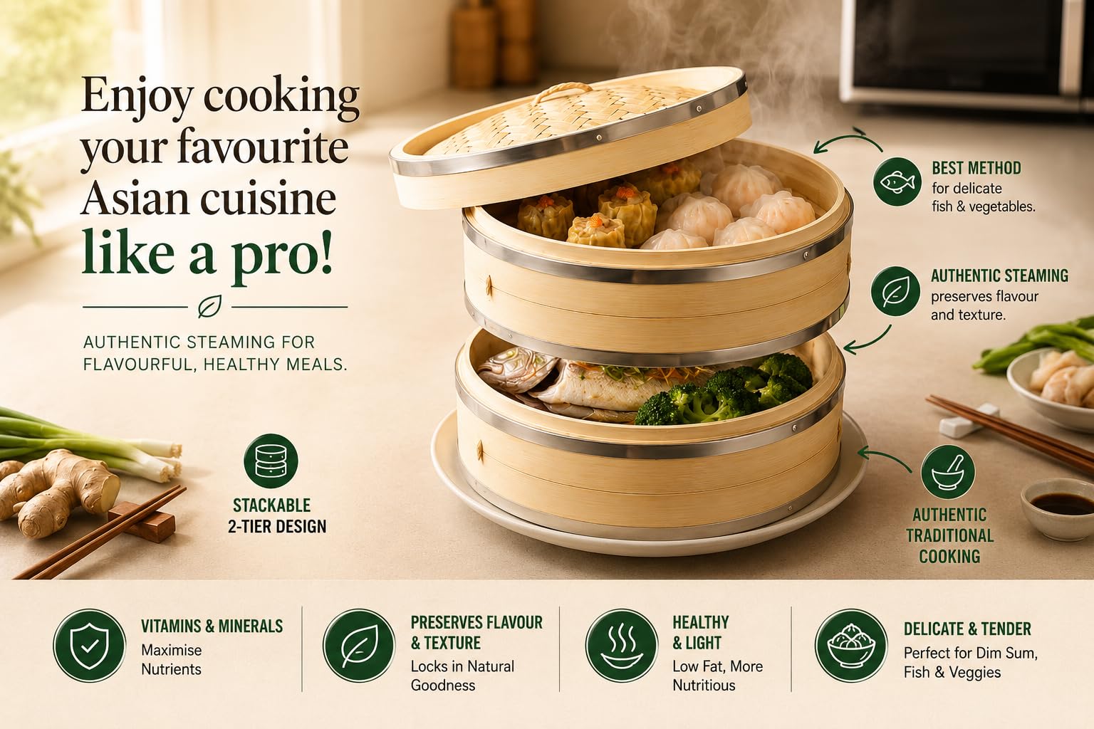 Vaporiera di bambù organico da 10 pollici (25,4 centimetri) di Harcas. 2 livelli ampi con coperchio. Ideale per dim sum, verdure, carne e pesce. Fatto a mano. Bacchette incluse