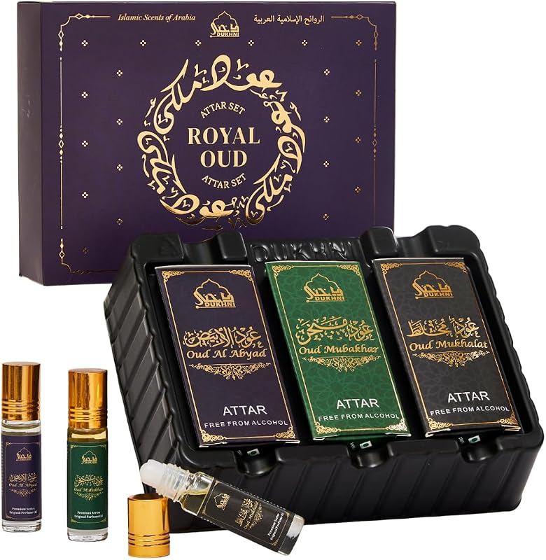 Royal Oud Attar Oil Set Aceite de Oudh original puro, fragancias islámicas, regalos de Eid y Ramadán para hombres y mujeres | 3 mini perfumes roll on surtidos x 6ml | Aceite de oudh árabe, perfumes árabes.