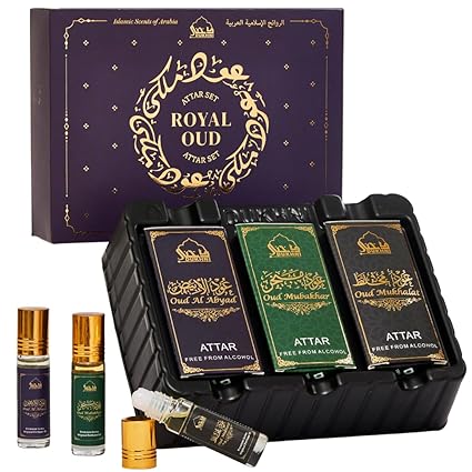 Dukhni Royal Oud Attar Oil Set Pure original Oudh oil, Islamic fragrances, Eid & Ramadan gifts for men and women | 3 assorted mini roll on perfume scents x 6ml | Arabic oudh oil, arab perfumes