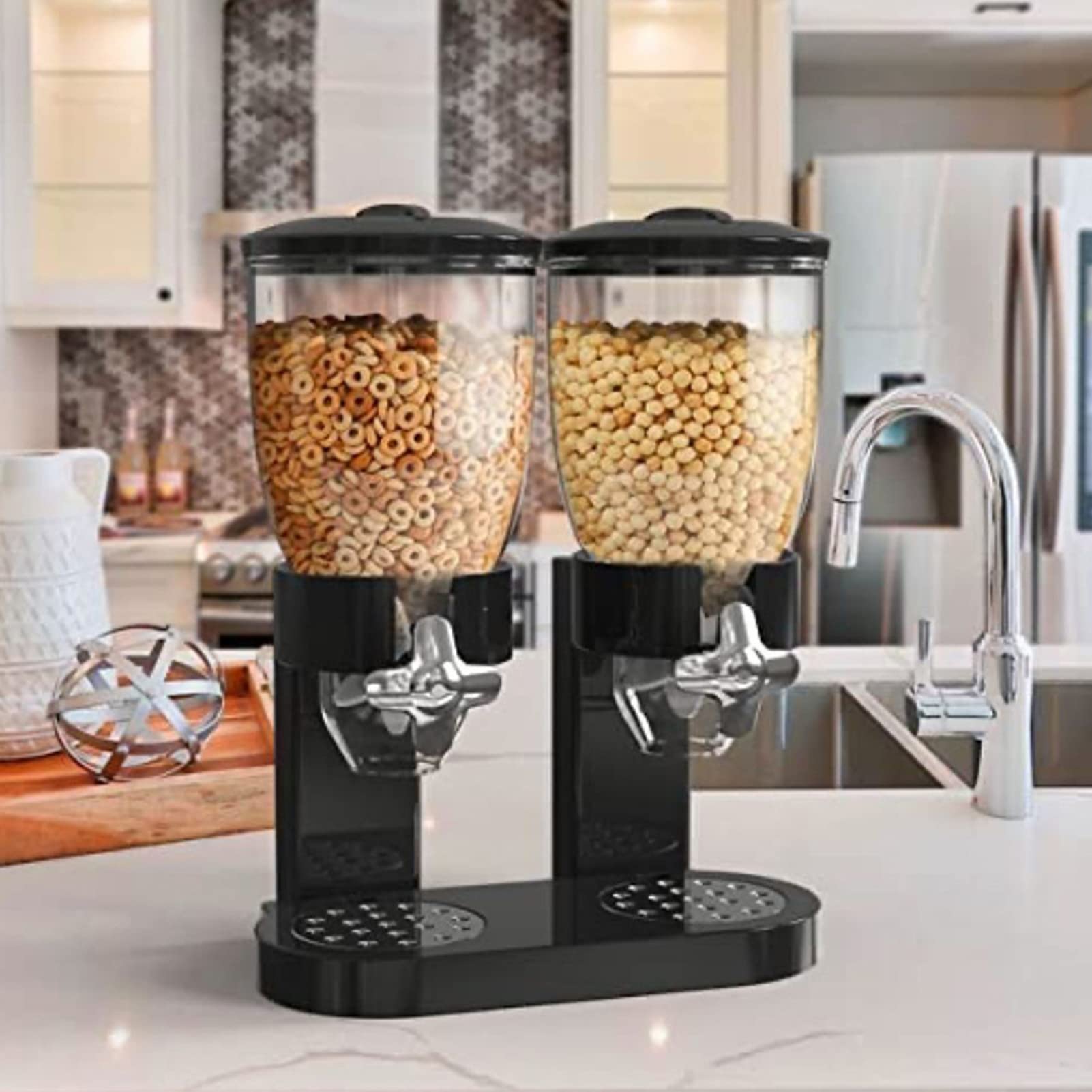 Syfunlv Distributeur de céréales double, 2 l, en plastique, céréales, bonbons, bonbons et céréales, récipient à flocons d'avoine, 29 x 35 x 16 cm (2 l, noir, double fût)
