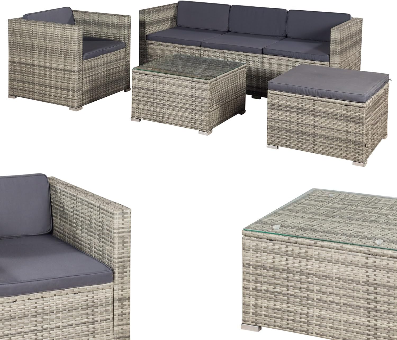 Salotto Da Giardino In Polyrattan Con Cuscini - Set Lounge Completo Con Divano Angolare, Tavolo E Sgabello - TecTake - Foto 5