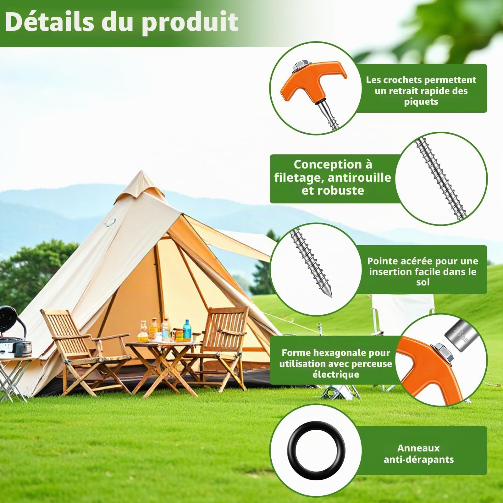 Lot de 12 Piquet de Tente à Visser,Sardines de Fixation Tente en Acie,Piquet Ancrage avec Filetage, Douille Hexagonale et Extracteur pour Bâche, Auvent, Camping et Randonnée