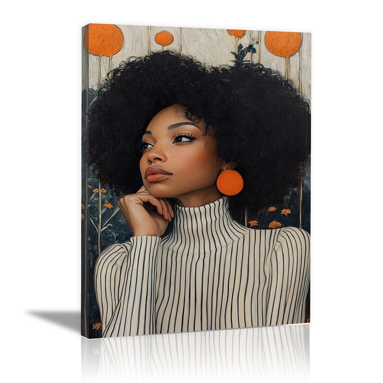 QUSAAOU Fashion Canvas Wall Afro Woman Orange Circle Earrings Living Room Bedroom African American Decor For Home Afro Woman Poster And Prints(Orange)-30x45cm1 Framed