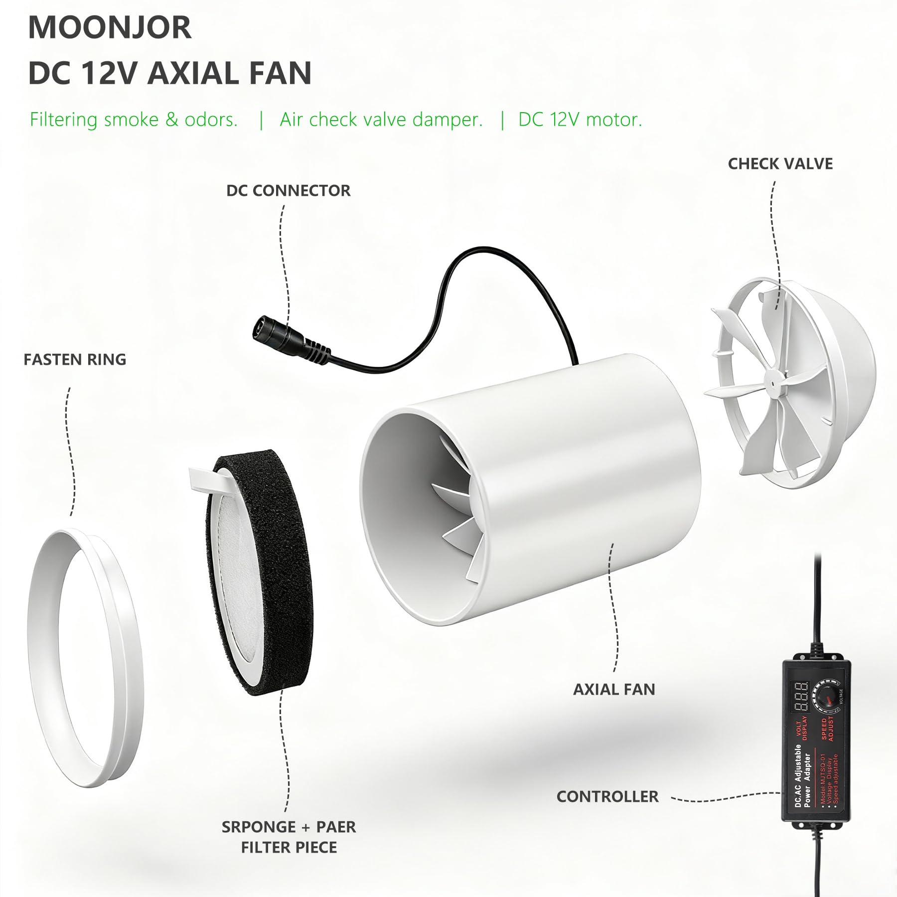 Ventilador de conducto en línea de 100 mm, extractor de 12 V CC, kit de ventilador axial con manguera de conducto de 2 m, regulador para baño, garaje, oficina, tienda de campaña, cocina