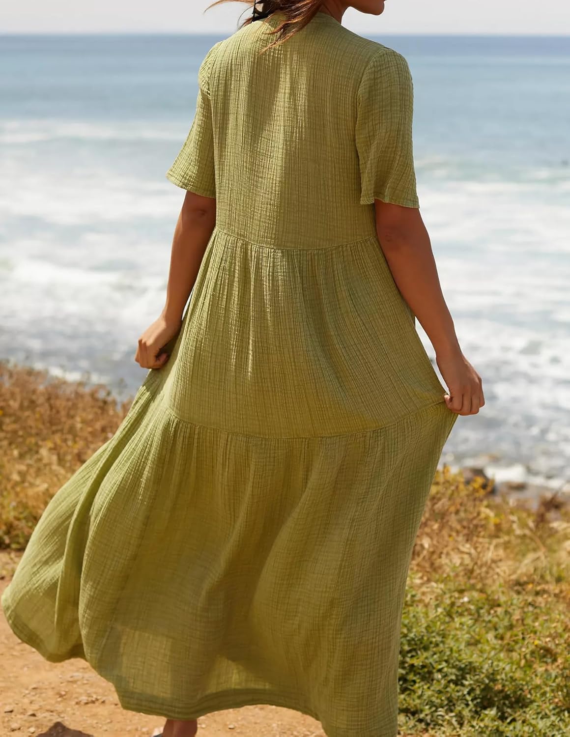 R.Vivimos Womens Summer Cotton Flowy Maxi Dress Short Sleeve V Neck Empire Waist Boho Tiered Ruffle Casual Loose Long Dresses - Image 3