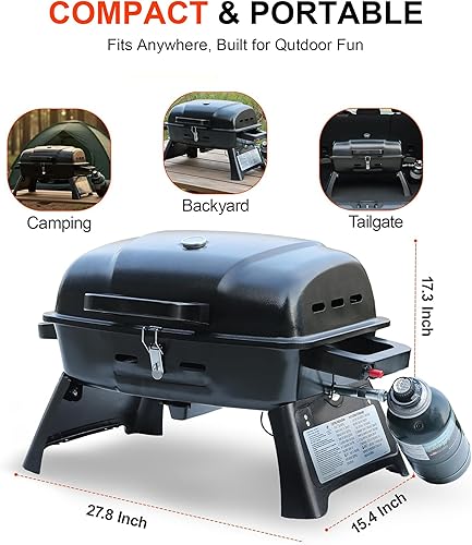 Miniatura 7 de BrandMan - Parrilla portátil de gas propano de 1 quemador con tapa, encendido por pulso, 10,000 BTU, 240 pies cuadrados, parrilla de mesa compacta