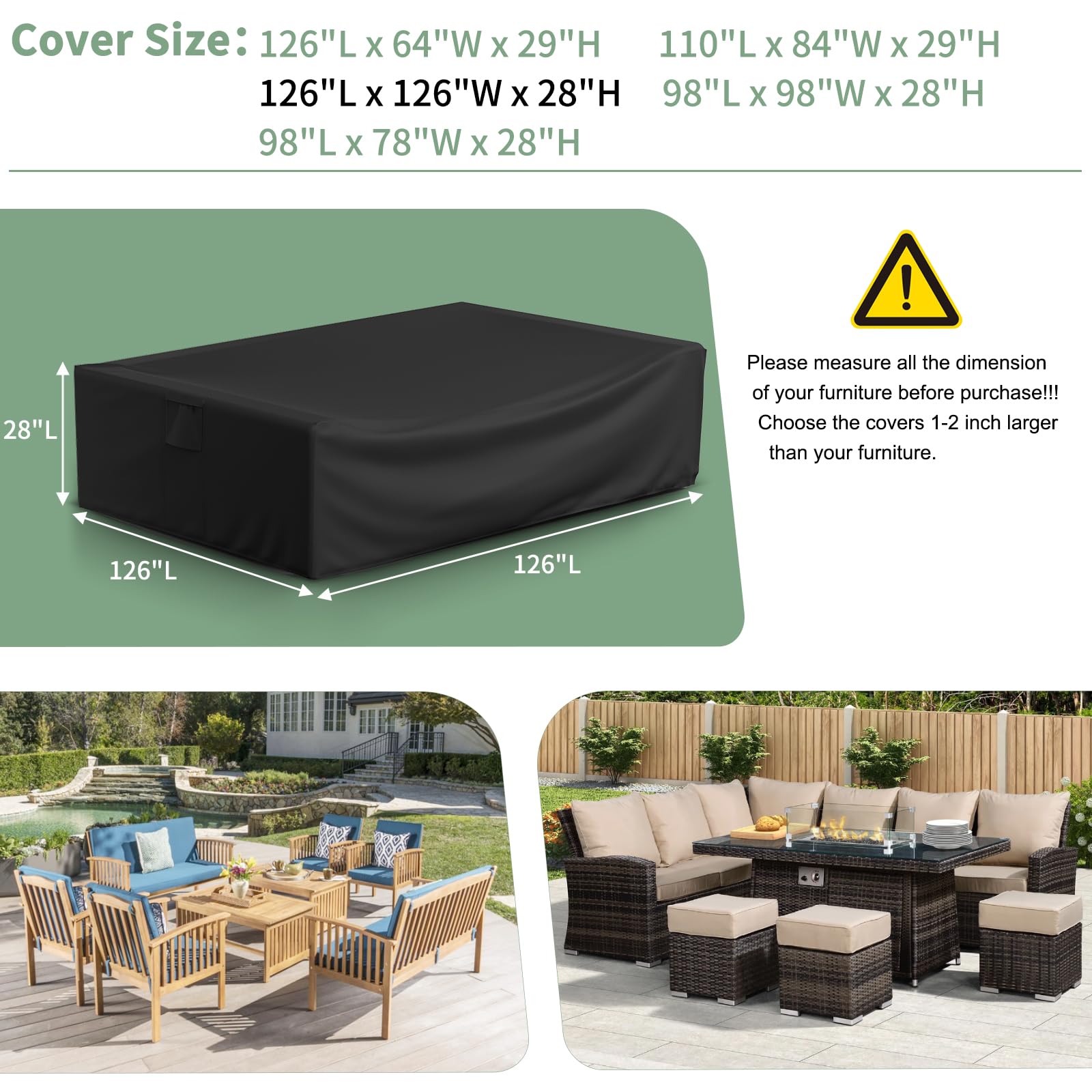 Gasadar Patio Furniture Covers, 126L x 126W x 29H inch, Black view 3