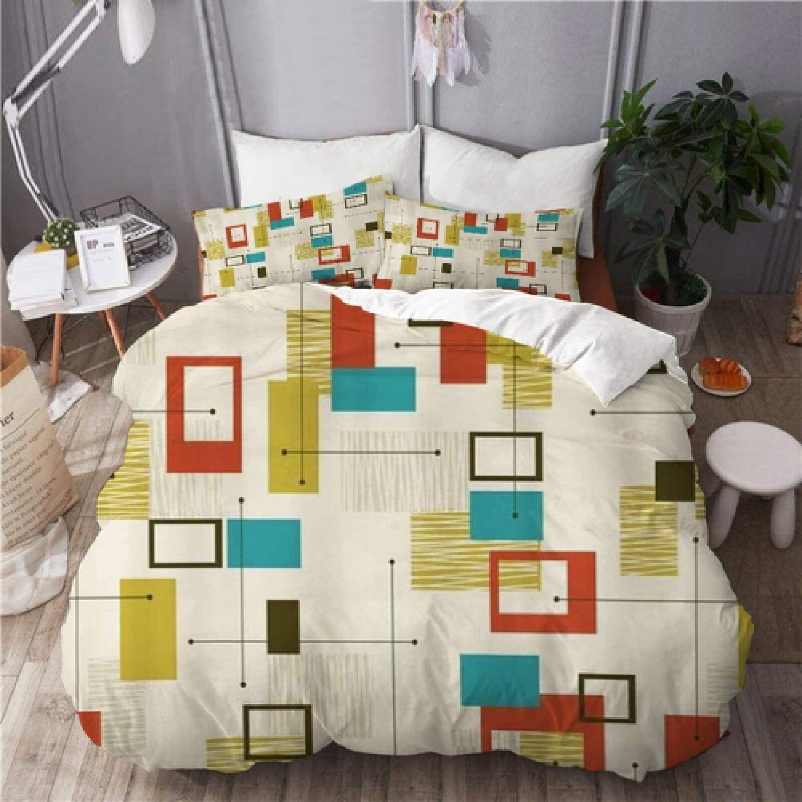 Duvet Cover Full Size, Fun Geometric Mid Century Modern Kids Bedding Set Durable Microfiber Quilt Cover with Corner Ties of The Quilts for Kids Room Teen Bed Decor (No Comforter)