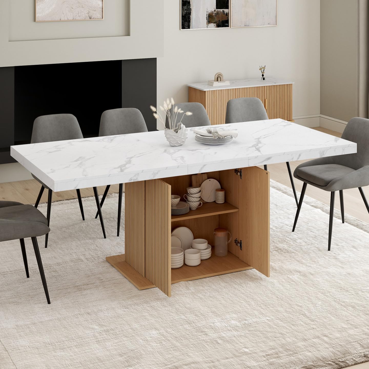 IDMarket – Tavolo da pranzo allungabile rettangolare Julieta 6-10 persone, vassoio effetto marmo, doghe in legno con spazio di archiviazione, 160-200 cm
