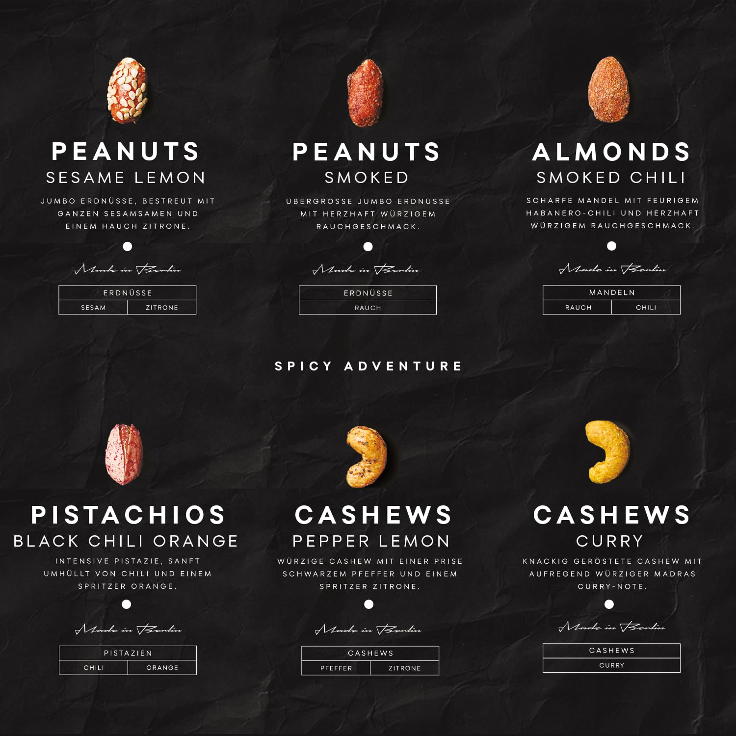 P-Stash Black Box Lot de 6 boîtes de mélange de noix Spicy Adventure – Noix de cajou, amandes, pistaches et cacahuètes – Mixed Nuts avec combinaisons d'épices uniques, grillées à la main à Berlin