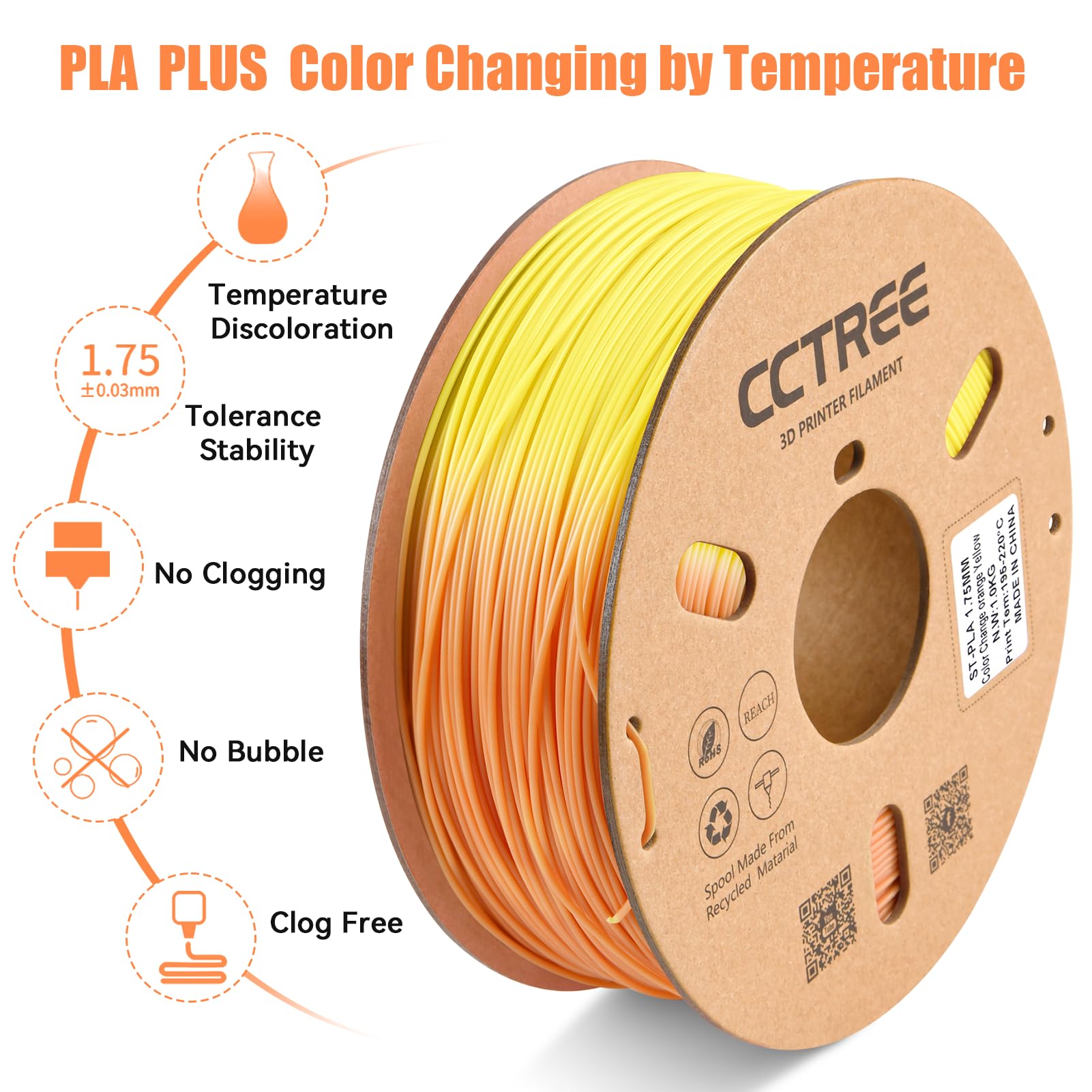 CCTREE Temperature Color Change PLA+ Filament 1.75mm, Color Change Orange to Yellow 3D Printer Filament PLA Plus, Dimensional Accuracy +/- 0.03 mm, 1KG Spool (2.2 lbs), Fit for Most FDM 3D Printers