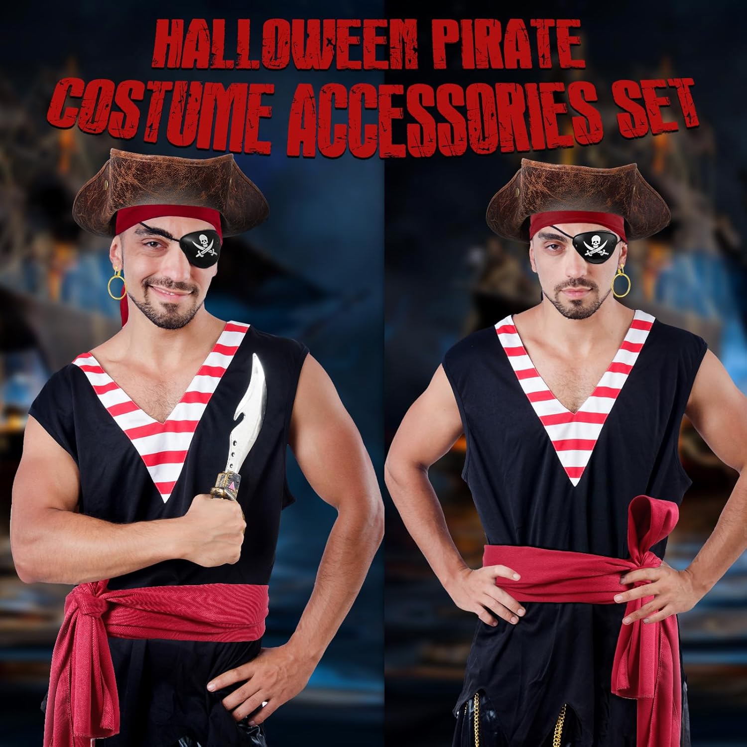 Capoda 6 Pcs Pirate Costume Accessories Set for Women Men, Pirate Hat, Head Scarf, Sash, Adult Outfit Accessories - Image 2