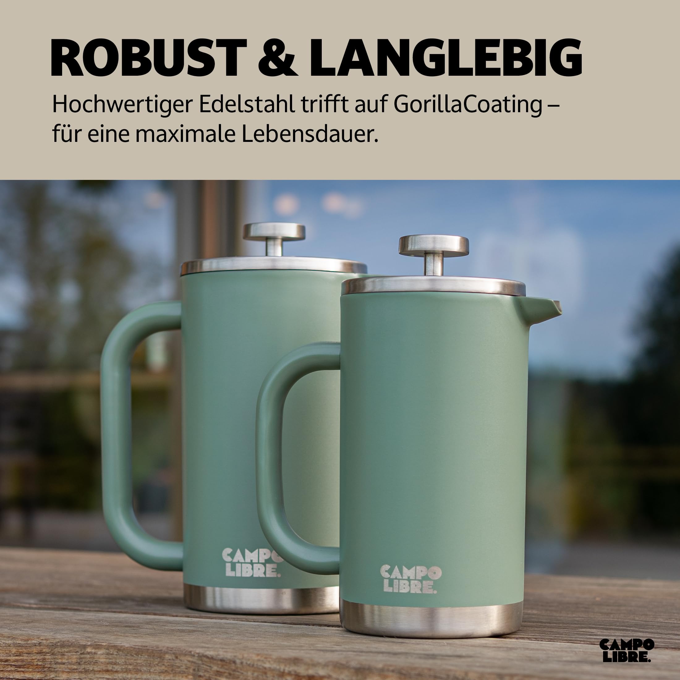 Campo Libre.® Giorgio. French Press I Kaffeebereiter aus doppelwandigem Edelstahl 0,6l I plastikfreie Kaffeepresse mit Thermofunktion inkl. Ersatzfilter I Kaffeezubereiter I 100% recycelter Edelstahl