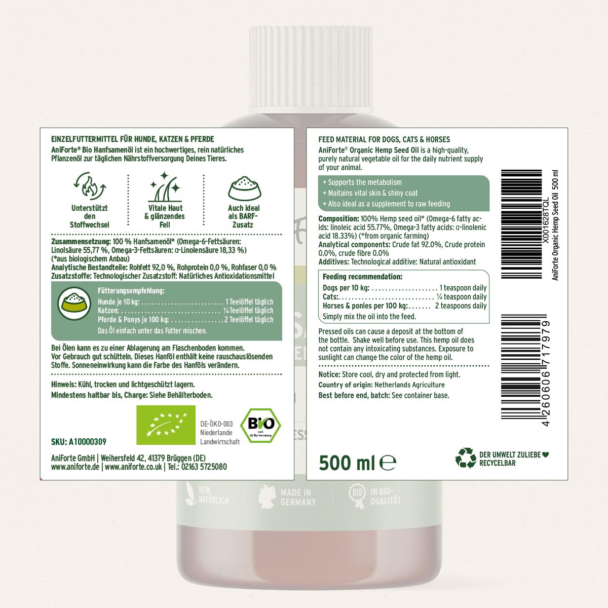 AniForte Olio di Semi di Canapa biologico per cani e gatti 500 ml - Puro e spremuto a freddo come additivo all'alimentazione cruda, prodotto naturale di prima qualità senza additivi