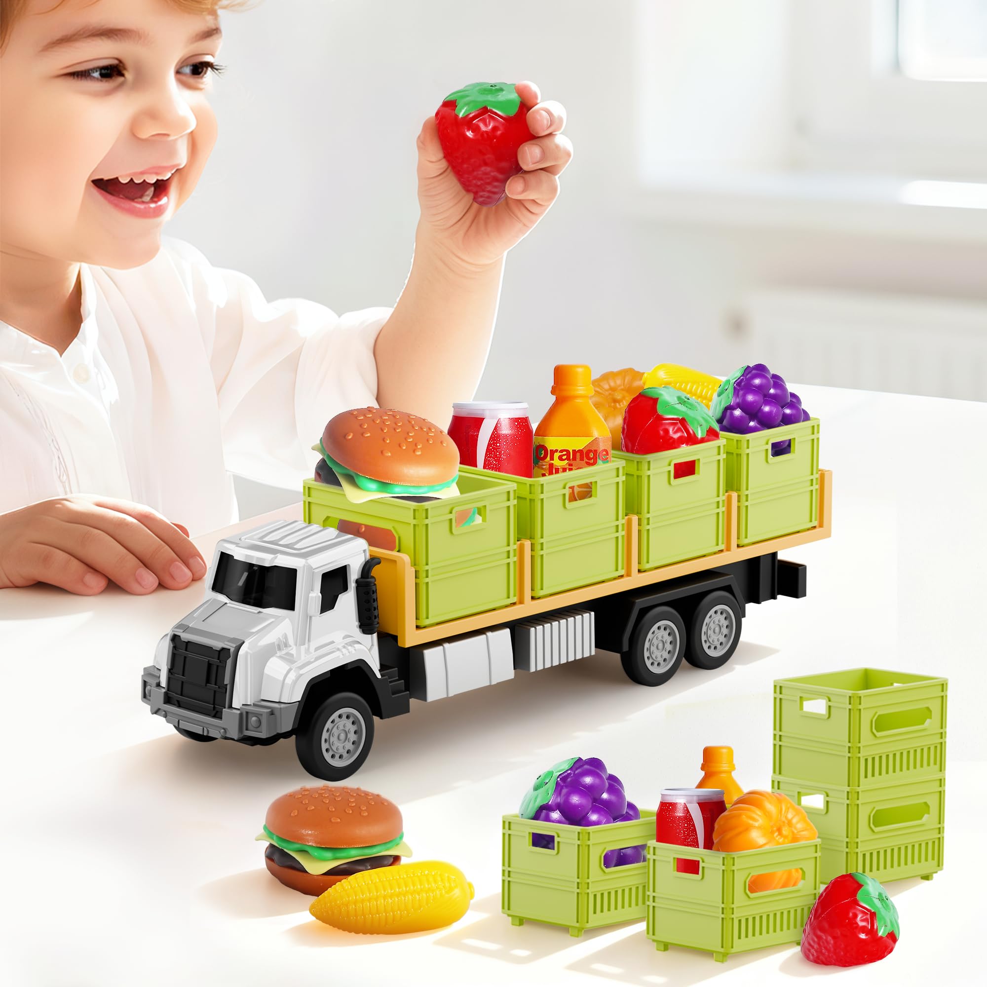 iPlay, iLearn Kids Friction Food Transport Truck Toys, Toddler Push Go Car Vehicle W/Storage Boxes & Foods, Alloy Head Cargo Carrier Play Trucks,