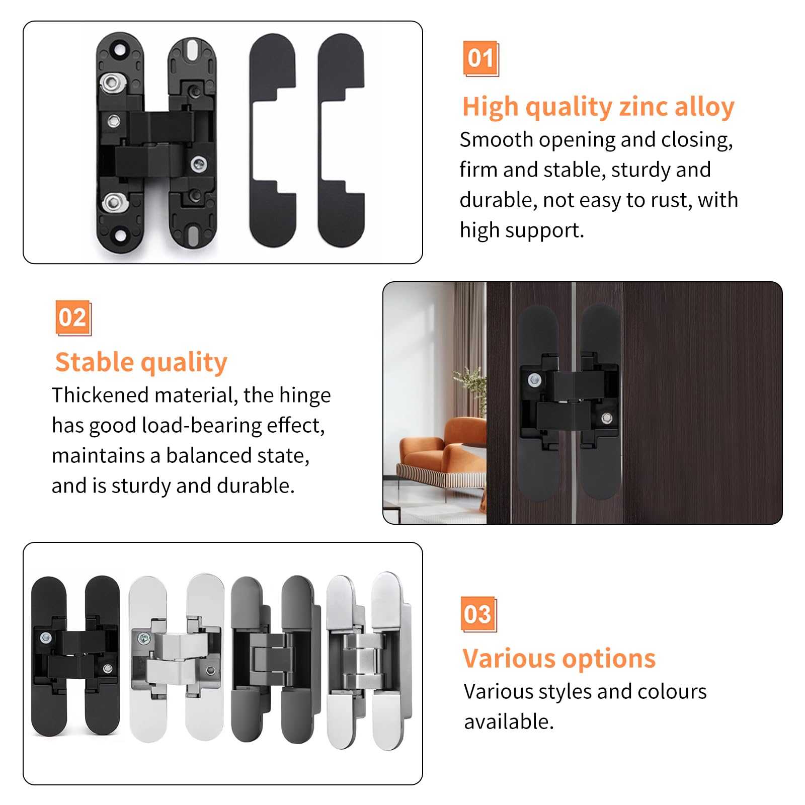Lot de 2 charnières de porte cachées, pivotantes à 180 °, noires, 3 positions de réglage, pour porte invisible et silencieuse, noir, 110 x 25 mm