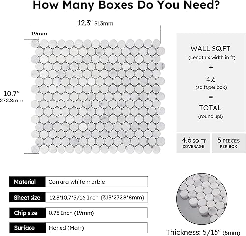 Miniatura 2 de Diflart Paquete de 5 azulejos de mosaico de mármol blanco Carrara, 34 pulgadas de centavo redondo, afilado, mármol italiano natural Bianco Carrera