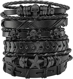 Eigso 6 Pcs Leather Bracelet Braided Wide Wristband Women Men Punk Rock Jewelry Skull