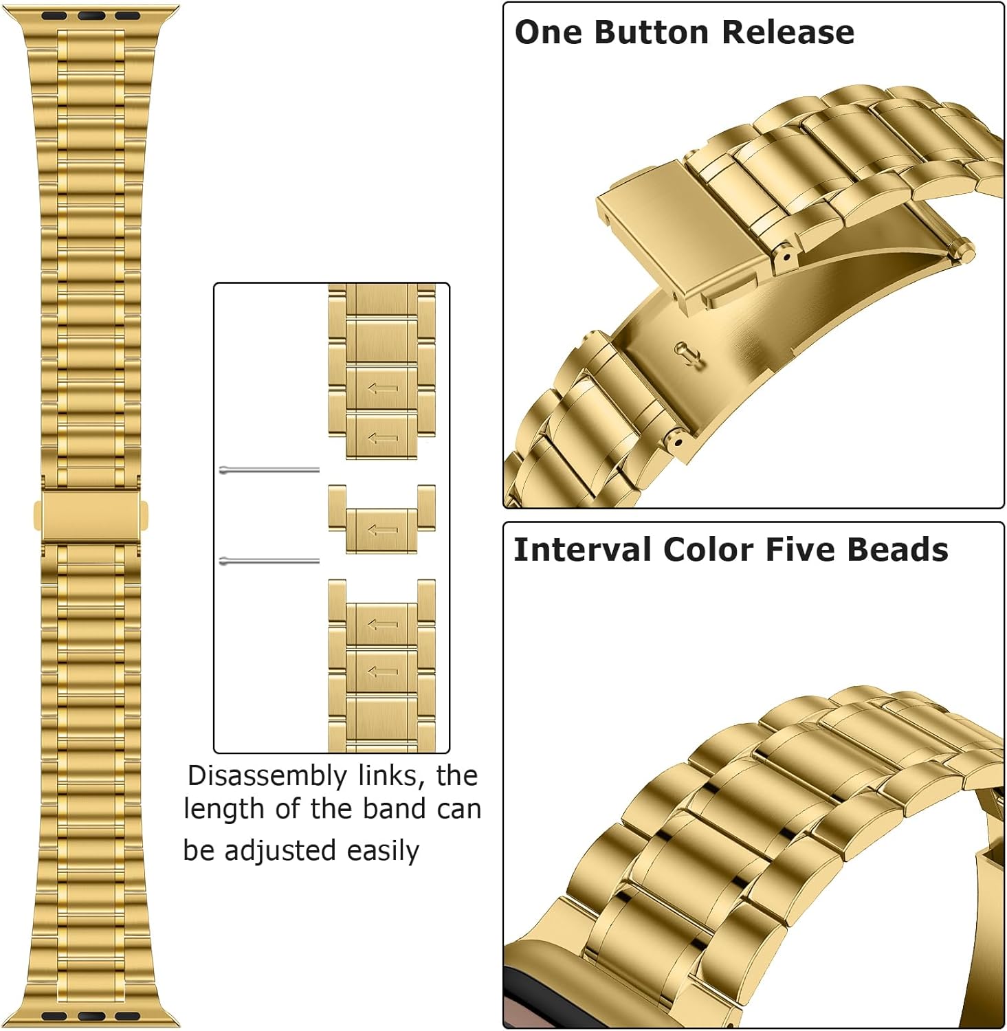 Anlinser Metal Bands Compatible with Apple Watch Band 42mm 41mm 40mm 38mm Women Men, Five-link Stainless Steel Strap for iWatch SE Series 11 10 9 8 7 6-1 (Gold) - Image 6