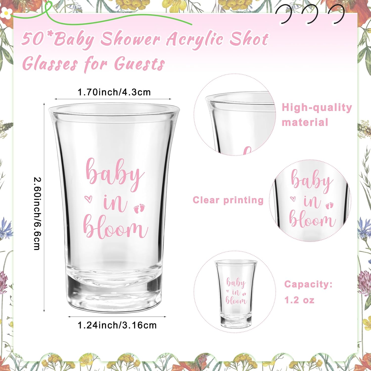 Pickmesh 50 Sets Baby Shower Shot Glasses for Guests Include Acrylic Clear Shot Glasses Thank You Cards Organza Bags Babies Shower Gifts for Gender Reveal Party Supplies (Baby in Bloom)