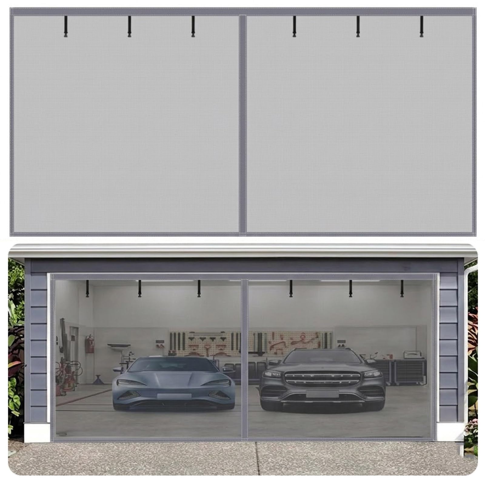 Moustiquaire de garage magnétique grise de dimensions 198x198cm pour fermer la porte de votre boxe