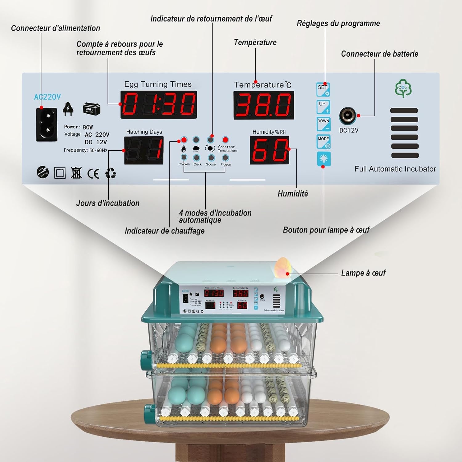 Incubateur Oeuf Automatique 120 Œufs, Couveuse Oeuf Automatique avec 4 Modes d’Incubation Automatique, Affichage Température & Humidité, Remplissage d’Eau Automatique, Couveuse pour Volaille & Poultry