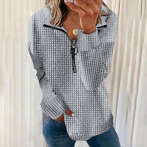 Miniatura 2 de Sudadera casual de punto gofre para mujer, con solapa y cremallera de un cuarto, manga larga, abertura lateral, holgada, talla grande, para