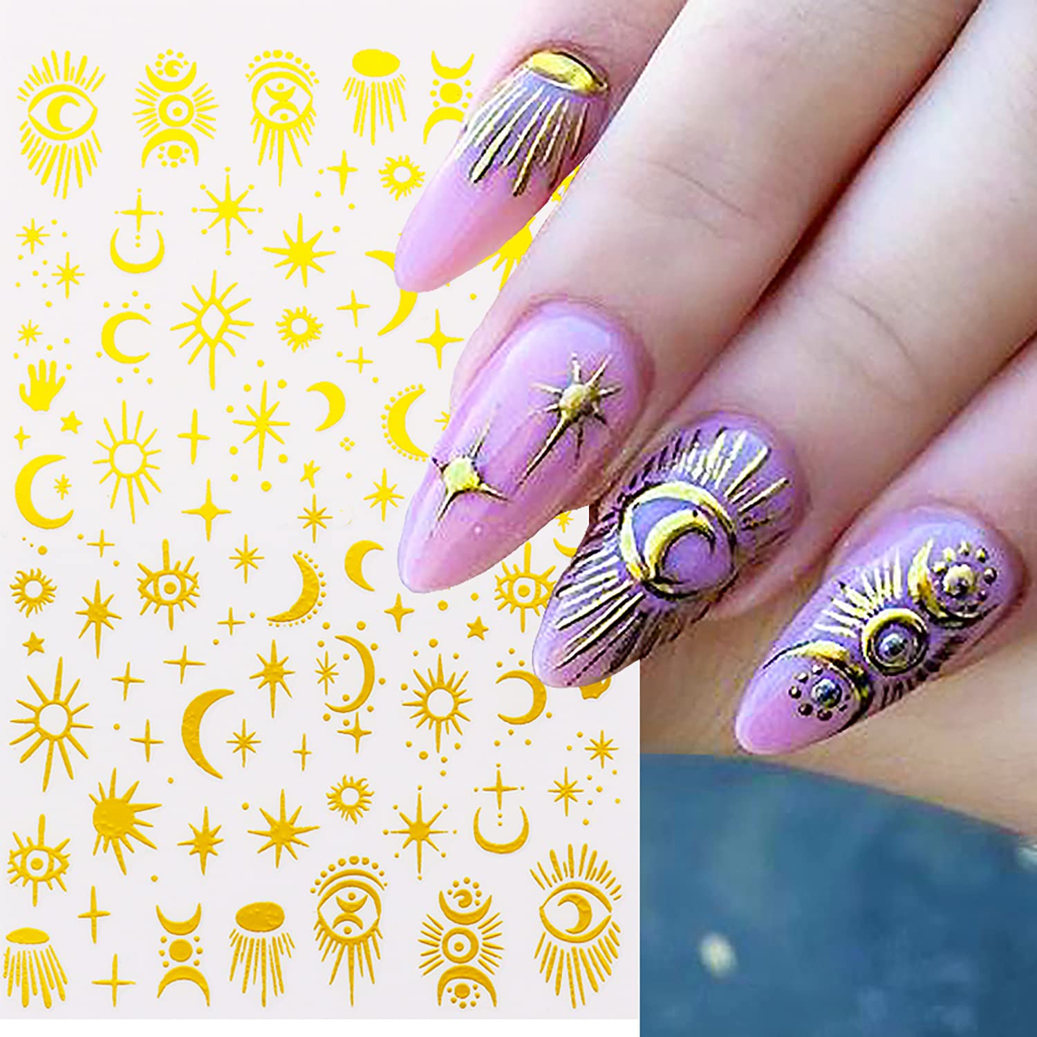 6 Sheets Gold Nail Art Adhesive Sticker 3D Self-Adhesive Nail Decals Art Design Holographic Moon Sun Stars Nail Art Sticker Decoration for Women Manicure Tips Acrylic Nails DIY Nails Art Supplies