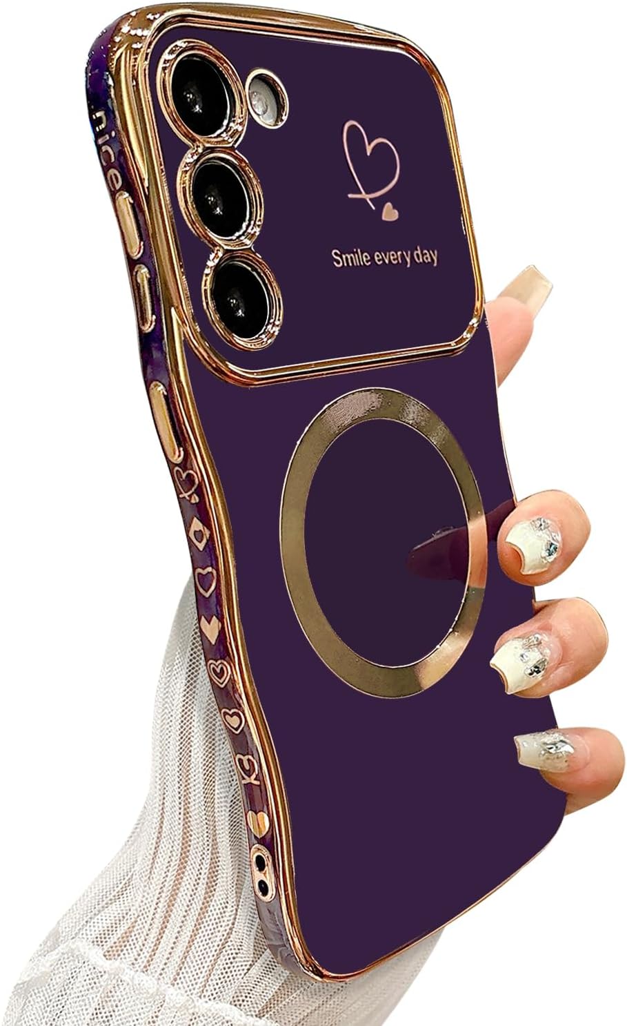 for Samsung Galaxy S23 Plus Case Magnetic,for Women Girls Soft Cute Wave Frame Curly Shape Love Heart Luxury Plating Phone Case Compatible with MagSafe Shockproof Back Cover 6.6"-Dark Purple Samsung Galaxy S23 Plus Dark Purple