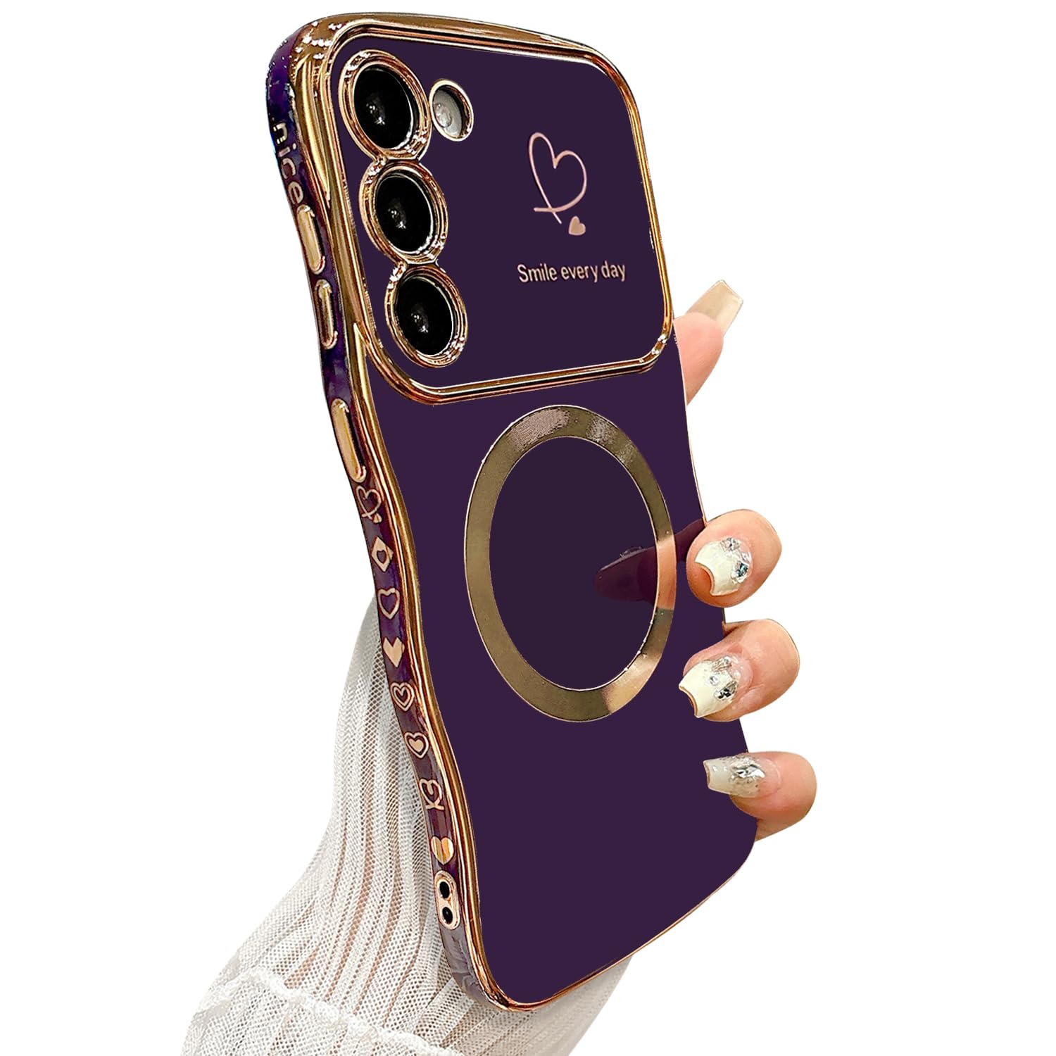 ZONRW for Samsung Galaxy S23 Case Magnetic,for Women Girls Soft Cute Wave Frame Curly Shape Love Heart Luxury Plating Phone Case Compatible with