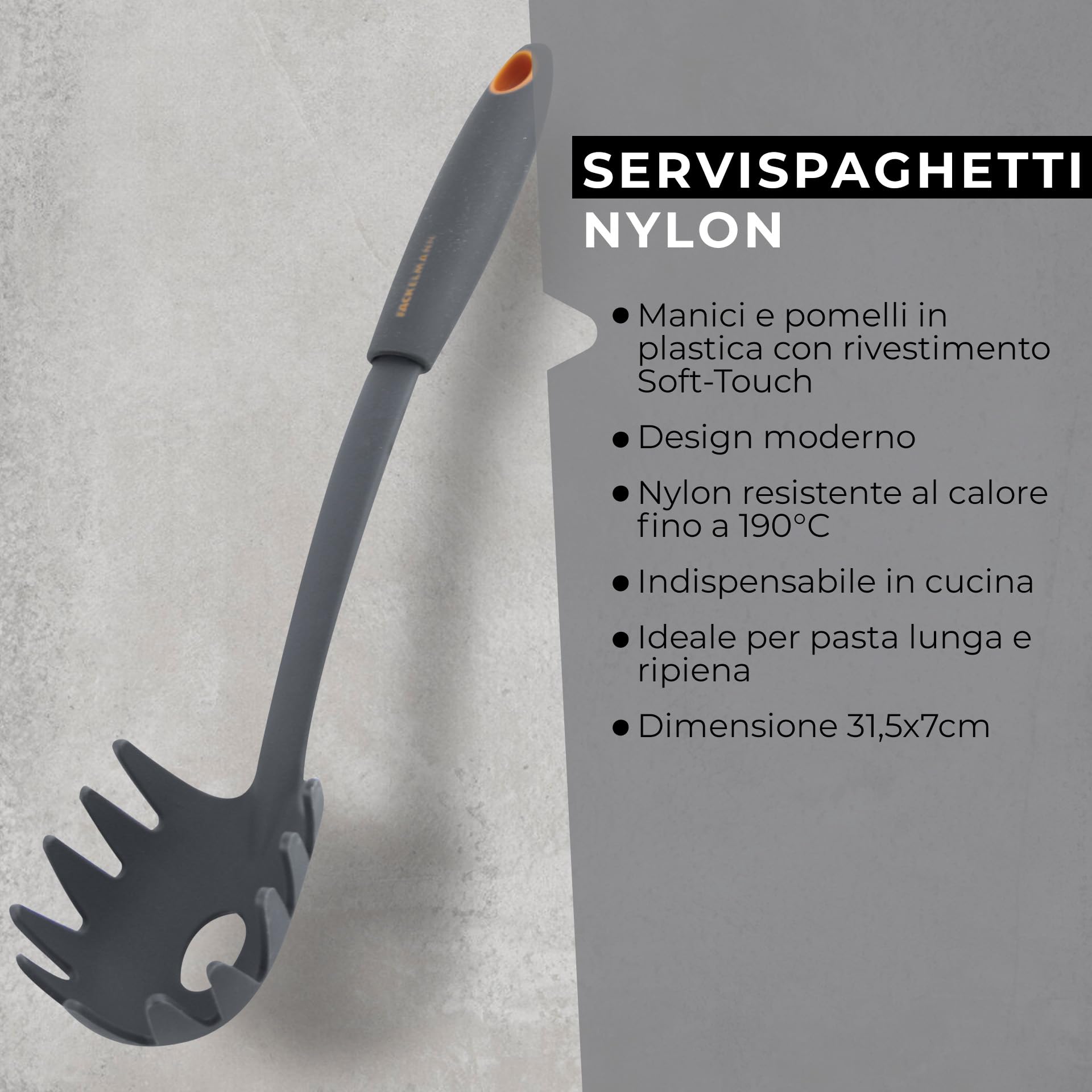 Fackelmann Linea Cucchiaio Servispaghetti Nylon Manico Soft Touch Arancio Nero 1 Pezzo