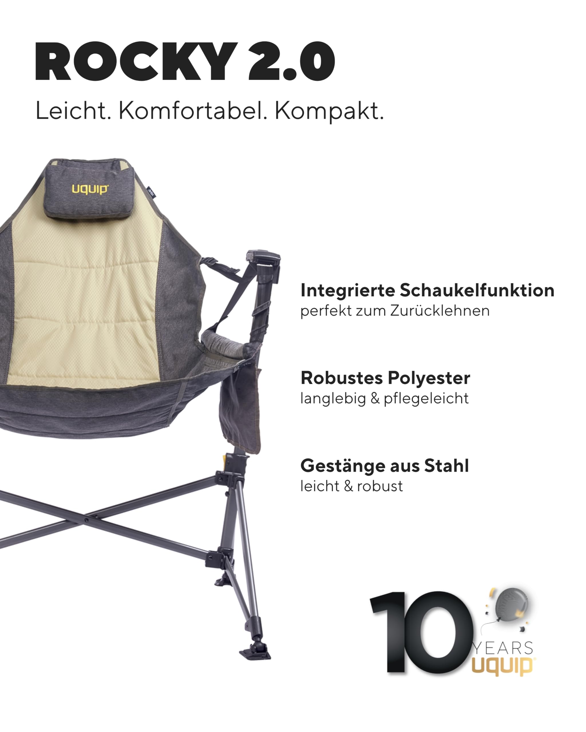 Uquip Campingstuhl Rocky 2.0 boulder I faltbarer Schaukelstuhl mit 120 kg Traglast I kompakter Faltstuhl aus Stahl & Polyester I klappbarer Outdoor-Stuhl für Camping, Strand, Garten & Festivals