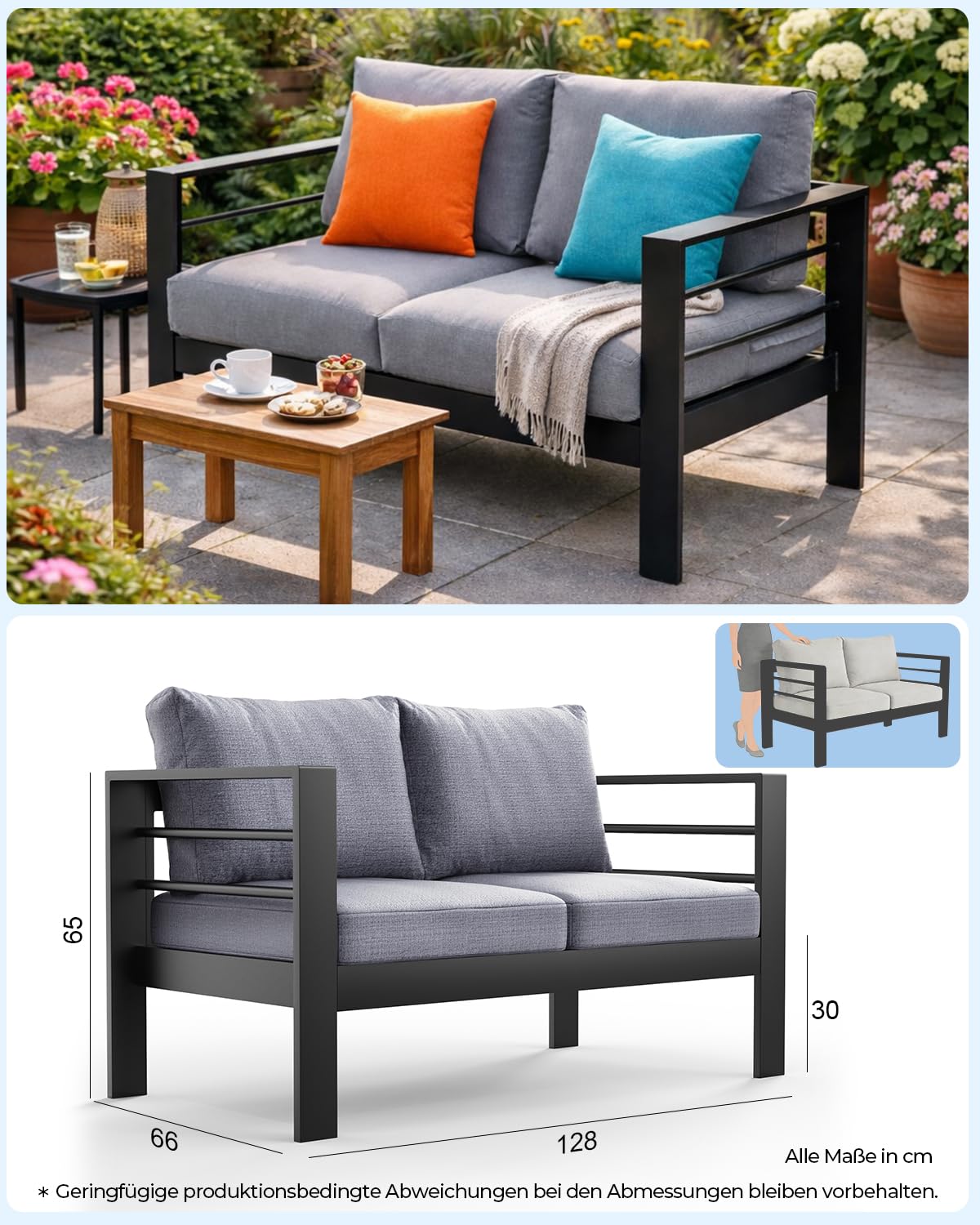 LANOX Gartensofa Gartenmöbel Set 2 Sitzer aus Aluminum,128×65×66 cm, inkl. Sitz- und Rückenkissen, Wetterfest Outdoor Sofa für Balkon Terrasse Garten, Schwarz