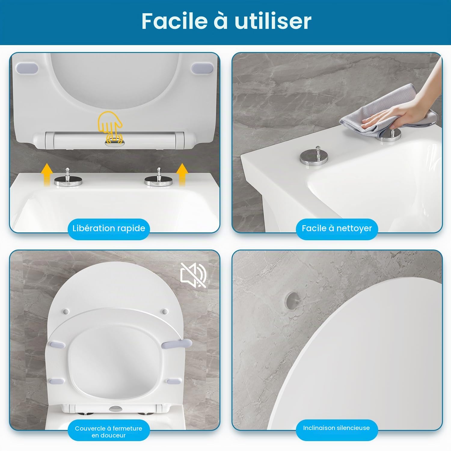 Abattant WC Ultra-mince Forme D[COURT], Lunette de Toilette avec Frein de Chute, Siège de toilette en Urée-formaldéhyde avec fonction détachable, 42,5 * 36,2 cm