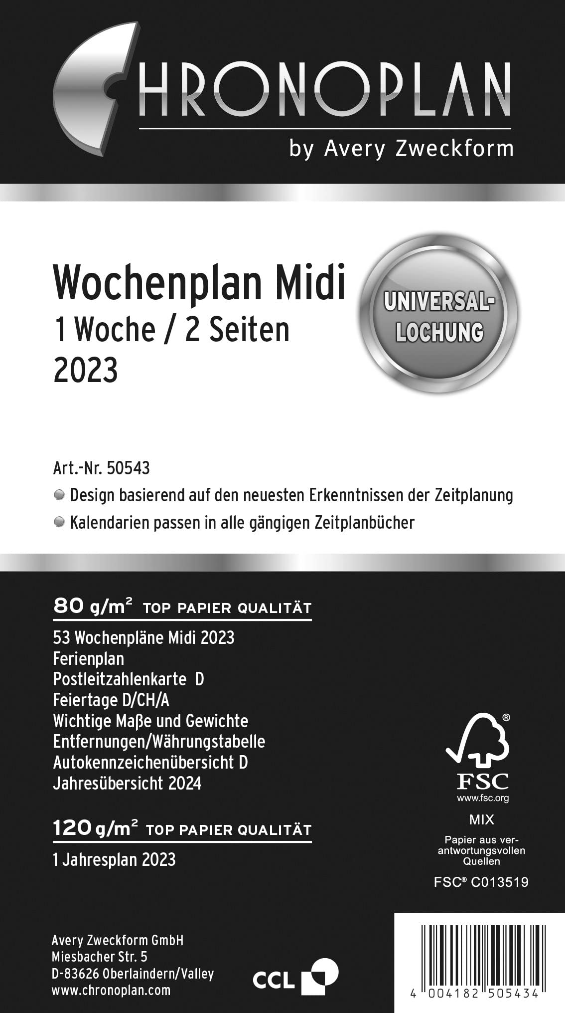 Avery Dennison Zweckform Chronoplan 50543 Week Planner 2013 / 2 Pages for 1 Week / in Columns / Medium-Sized / White (In German)