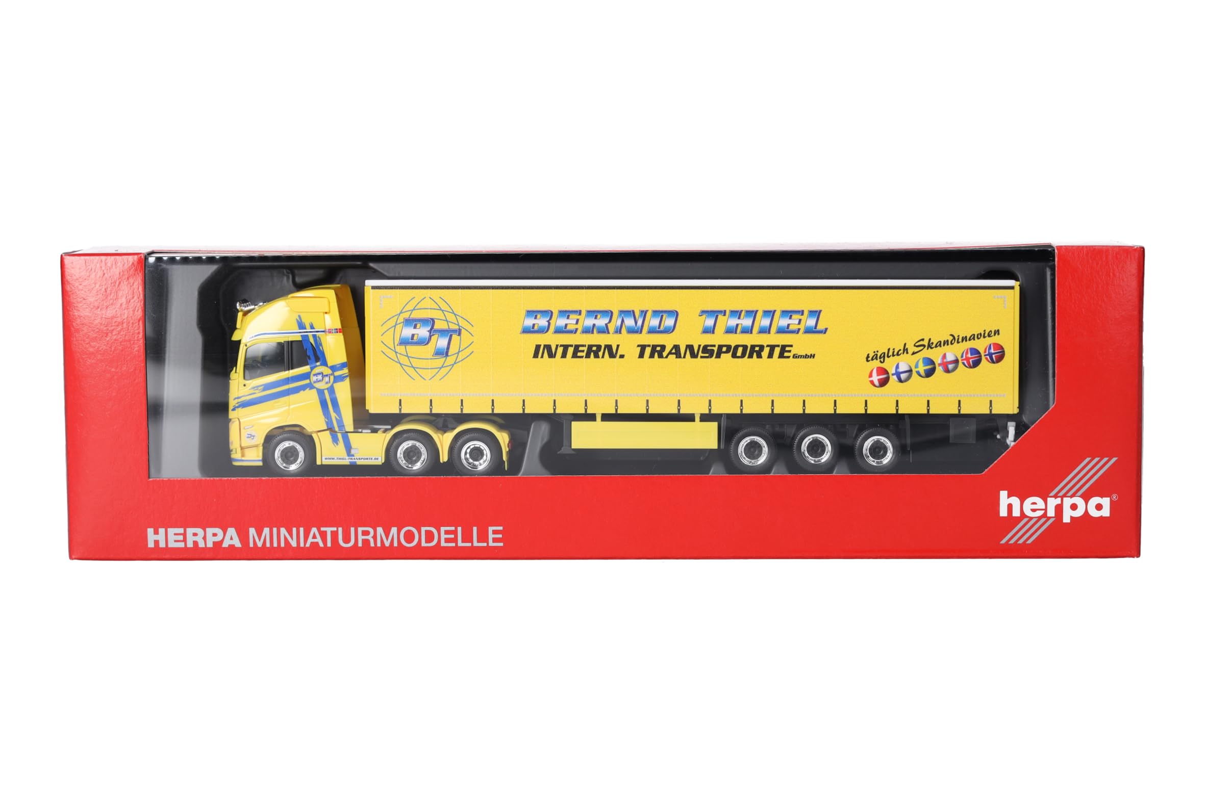Herpa model ciężarówki Volvo FH GL XL 2020 6x2 naczepa plandekowa „Bernd Thiel Transporte”, miniatura w skali 1:87, model kolekcjonerski, Made in Germany, tworzywo sztuczne