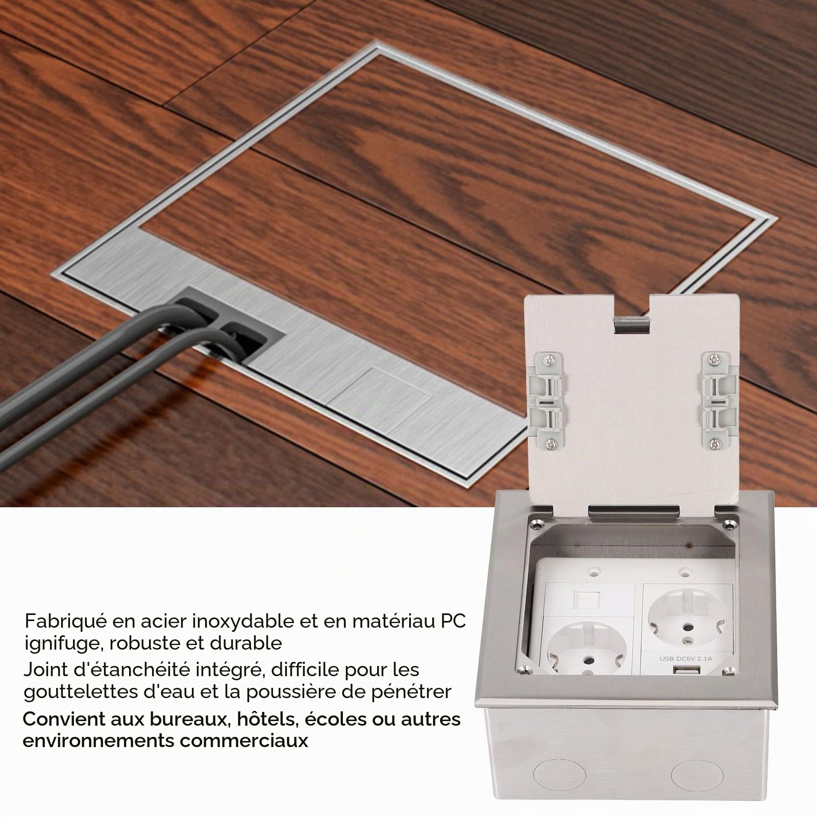 Fockety Boîte de Sortie au Sol, 2500W 16A 2 Prises 1 USB 1 Port Ordinateur Prise Encastrée au Sol Preuve de l'eau Multifonctionnel Boîte de Couverture de Prise électrique pour Les