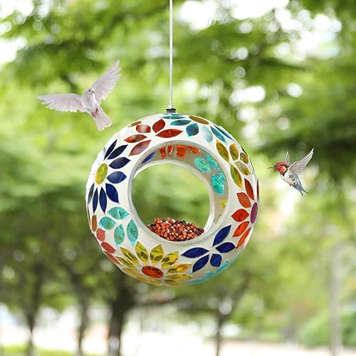 Miniatura 10 de VCUTEKA Comedero de mosaico para pájaros para colgar en el exterior con recipiente de vidrio de forma redonda para atraer más aves silvestres para