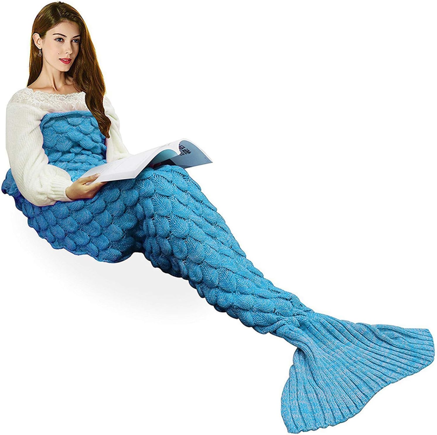 yashidali Wearable Mermaid Tail Blanket Crochet, All Seasons Warm Knitted Bed Blankets Sofa Living Room Quilt for Kids and Adults, Fish-Scales Pattern, 70.9" x 35.5" (180 x 90cm), Light Blue