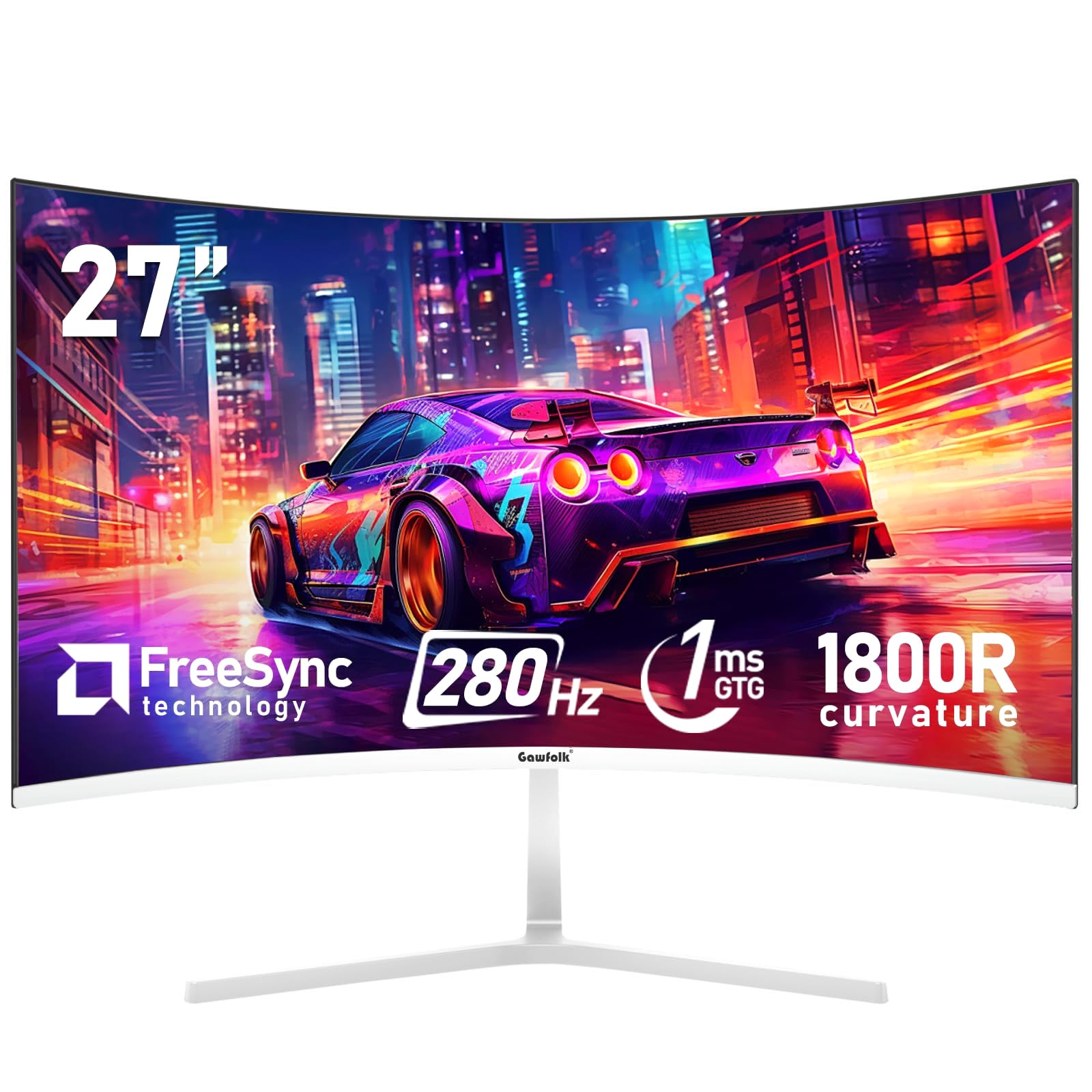 Gawfolk 27 Inch PC computer screen,1800R Curved Gaming 280Hz Monitors, FHD1080p 1ms without Bezel, freesync, 98%sRGB,178 ° Angle View HDMI DisplayPort, Compatible with Wall-Mounted VESA100*100MM-White