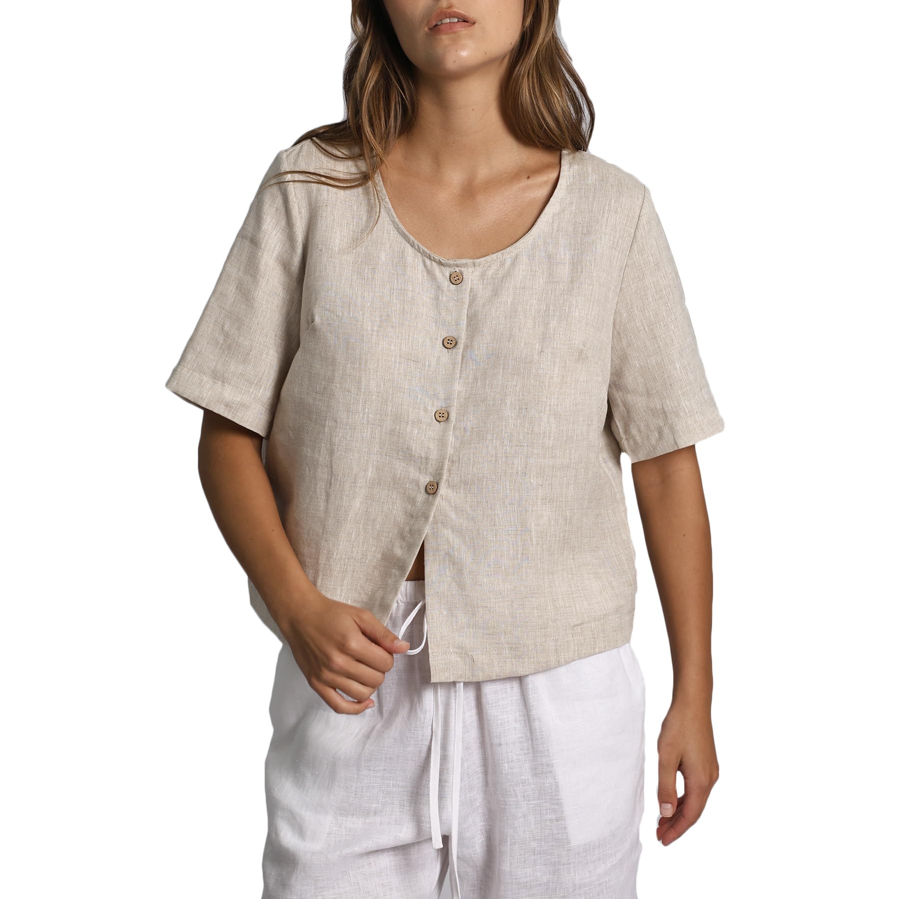 Amazhiyu Camicetta da donna in 100% lino, girocollo, manica corta, abbottonatura