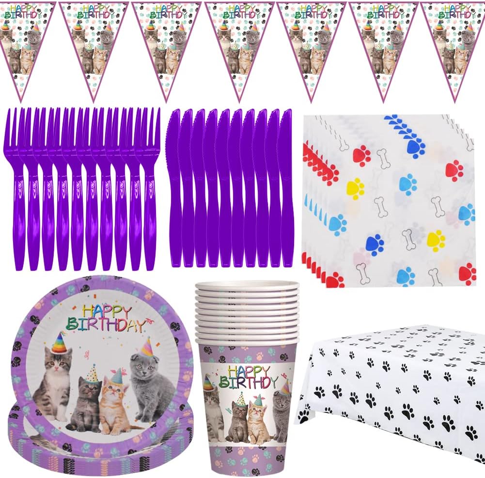 Cat Party Tableware Set ,62pcs Cat Birthday Party Supplies with Cat Banner, Cutlery, Tablecloth