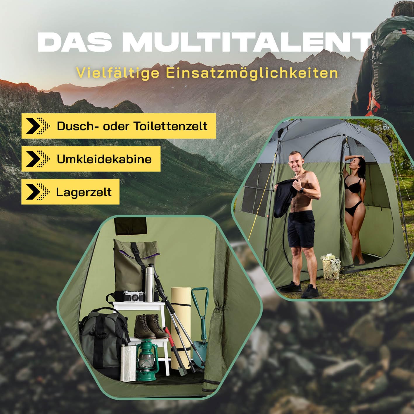 LUMALAND Tenda da doccia di alta qualità + doccia da campeggio con batteria, ideale per campeggio, festival e pesca, impermeabile e antivento, tenda per WC per interni ed esterni, con doccia esterna e