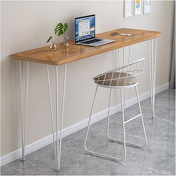 Solid Wood Bar Table with Metal Legs Narrow High Top Counter Height Table for Small Spaces Breakfast Bar or Workstation for Kitchen, Apartment, Cafe Stools Not IncludedBrown White,140cm/55.1in