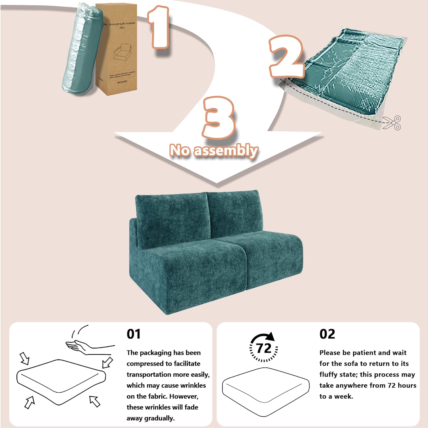 EASE MOOSE Sectional Couch for Living Room, Boneless Cloud Sofa for Small Spaces, Chenille Modular Cloud Couch Loveseat, 2-Seat Deep Seat Sofas with Pillow, No Assembly, Blue