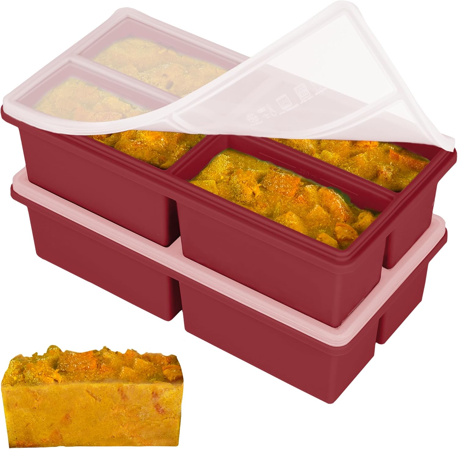 Silicone Freezer Molds for Soup with Lid - 1 Cup Capacity Soup Freezer Container, Large Ice Cube Mold - With Reinforced Steel Ring Top Lid, Oven and Dishwasher Safe, Meal Prep & Food Storage - 2-Pack