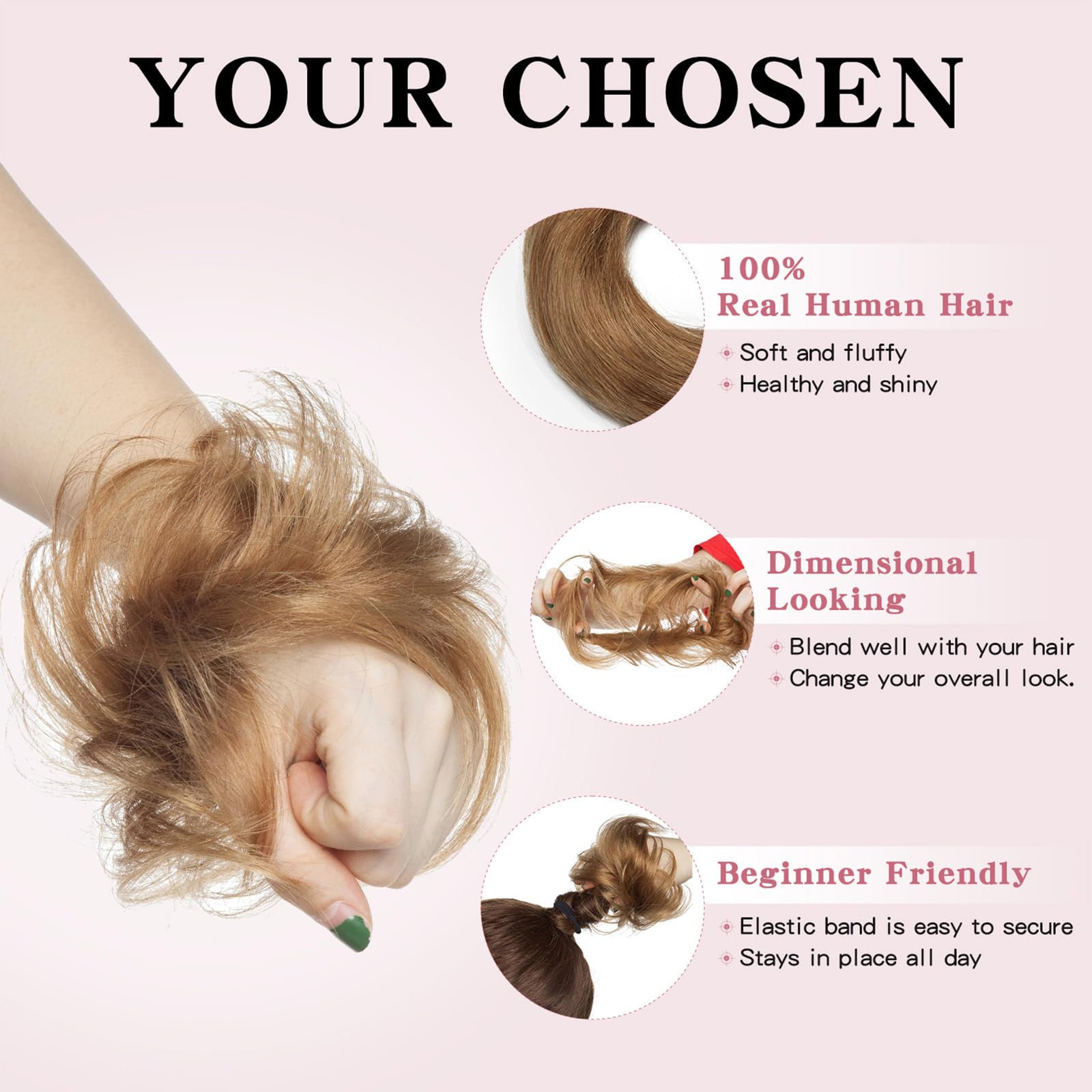 TESS Real Human Hair Bun Elastic Easy Scrunchies Hairpiece Updo Ponytail Extensions Hair Accessories for Women UK #06 Light Brown - Image 2