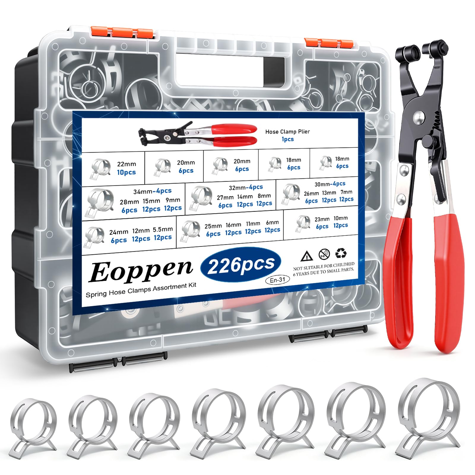 226Pcs 6-34mm Spring Hose Clamps Assortment Kit with Hose Clamp Plier - 24 Sizes Constant Tension Hose Clamps for Fuel Line Silicone Vacuum Hose Low Pressure Air Clamps(Grey)